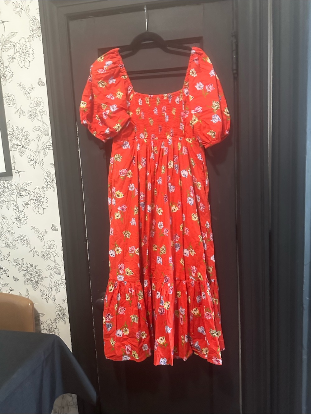 kate spade Red Floral Puff-Sleeve Midi Dress